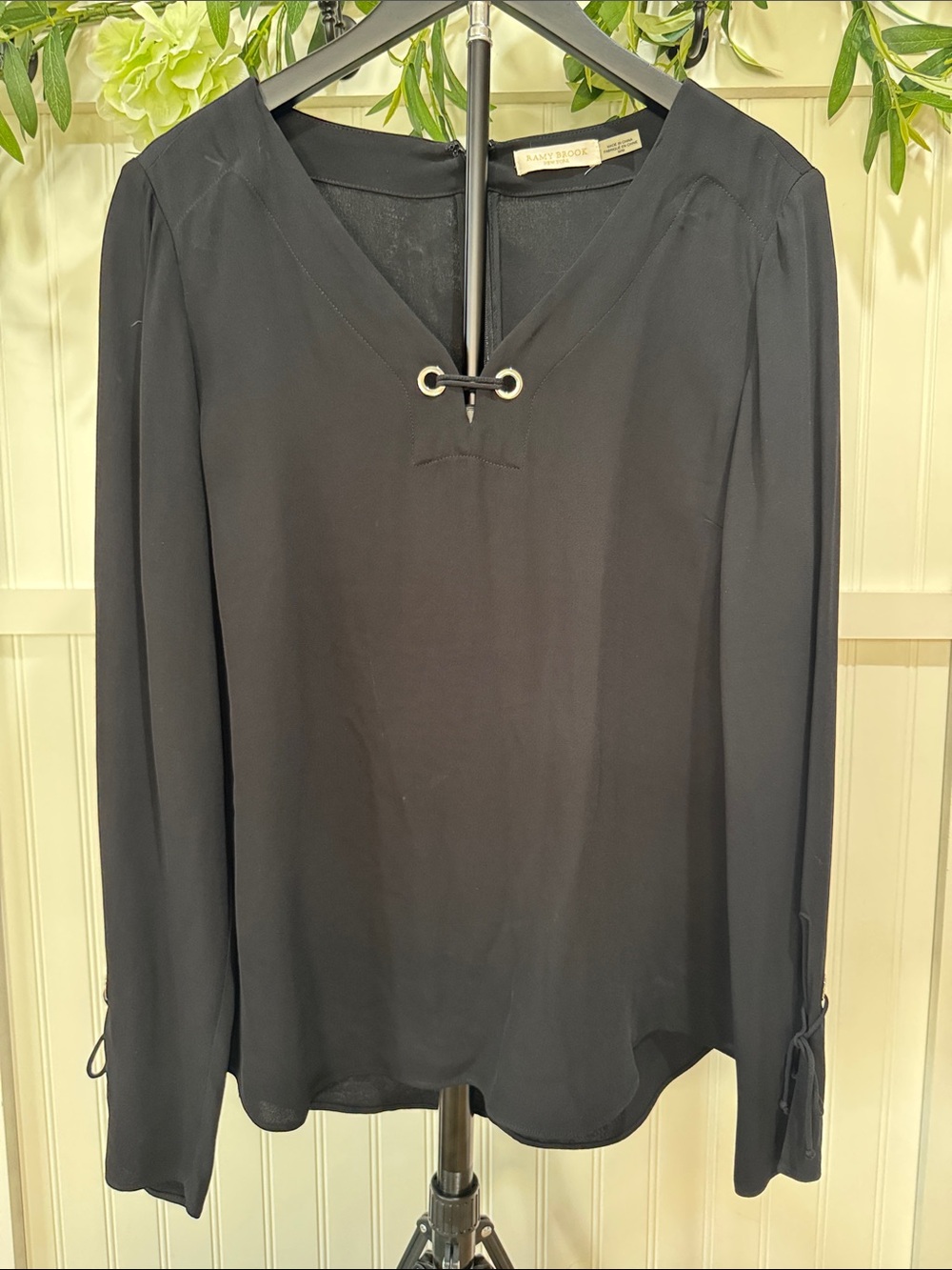 #804 RAMY BROOK Black Silk V-Neck with Grommet Eyelet Tie & Sleeves
